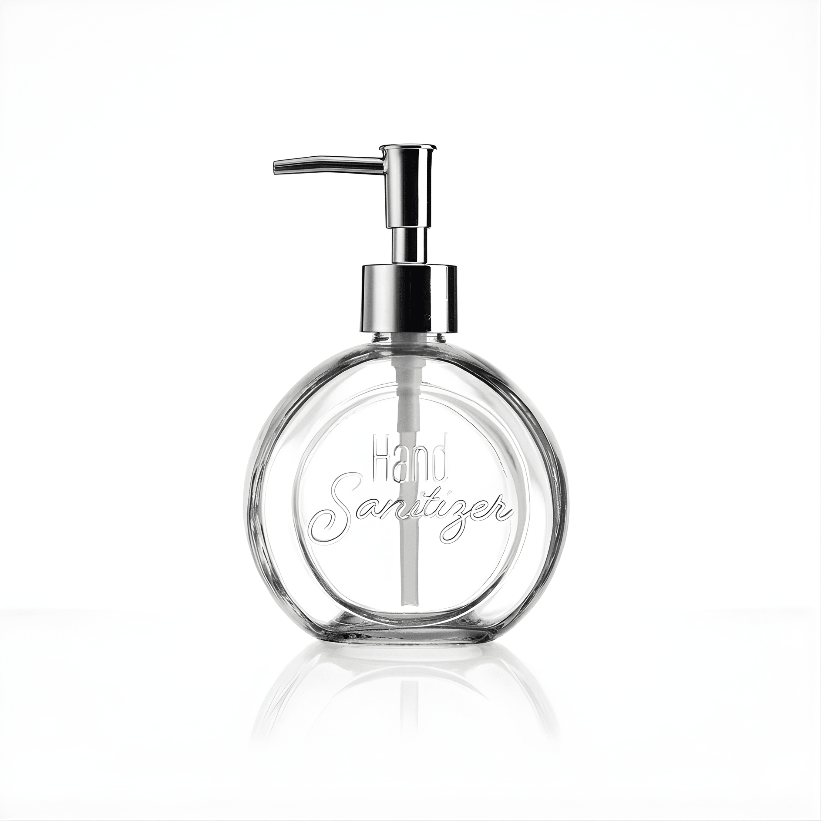 Clear hand sanitizer bottle with pump on a white background