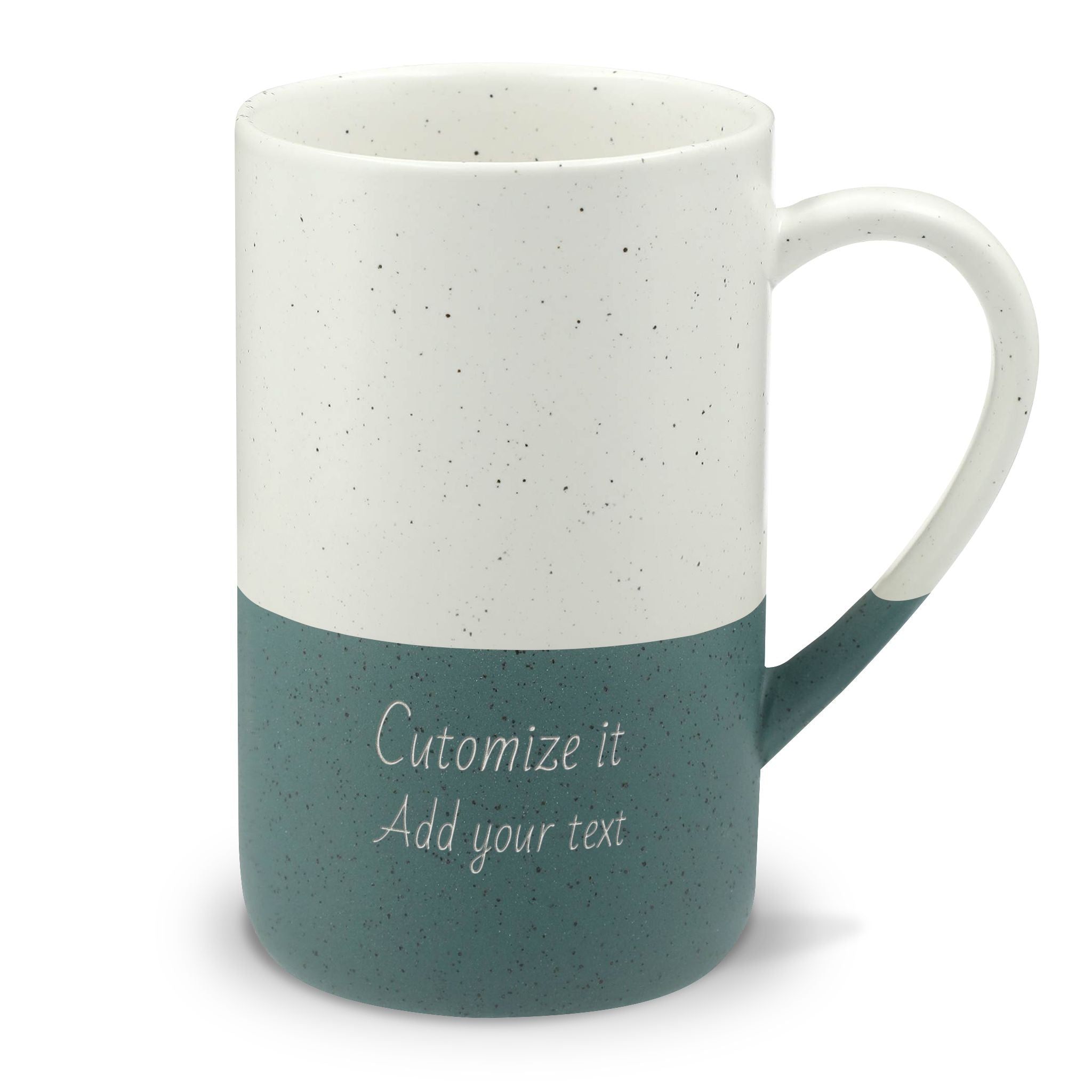 A ceramic mug with a two-tone design, featuring a speckled off-white upper half and a speckled navy blue lower half. The handle is white, and the navy section has a white printed monogram logo reading 'Her'.