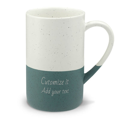 A ceramic mug with a two-tone design, featuring a speckled off-white upper half and a speckled navy blue lower half. The handle is white, and the navy section has a white printed monogram logo reading 'Her'.