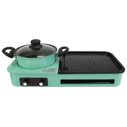 Turquoise electric cooktop with a pot and griddle on a white background