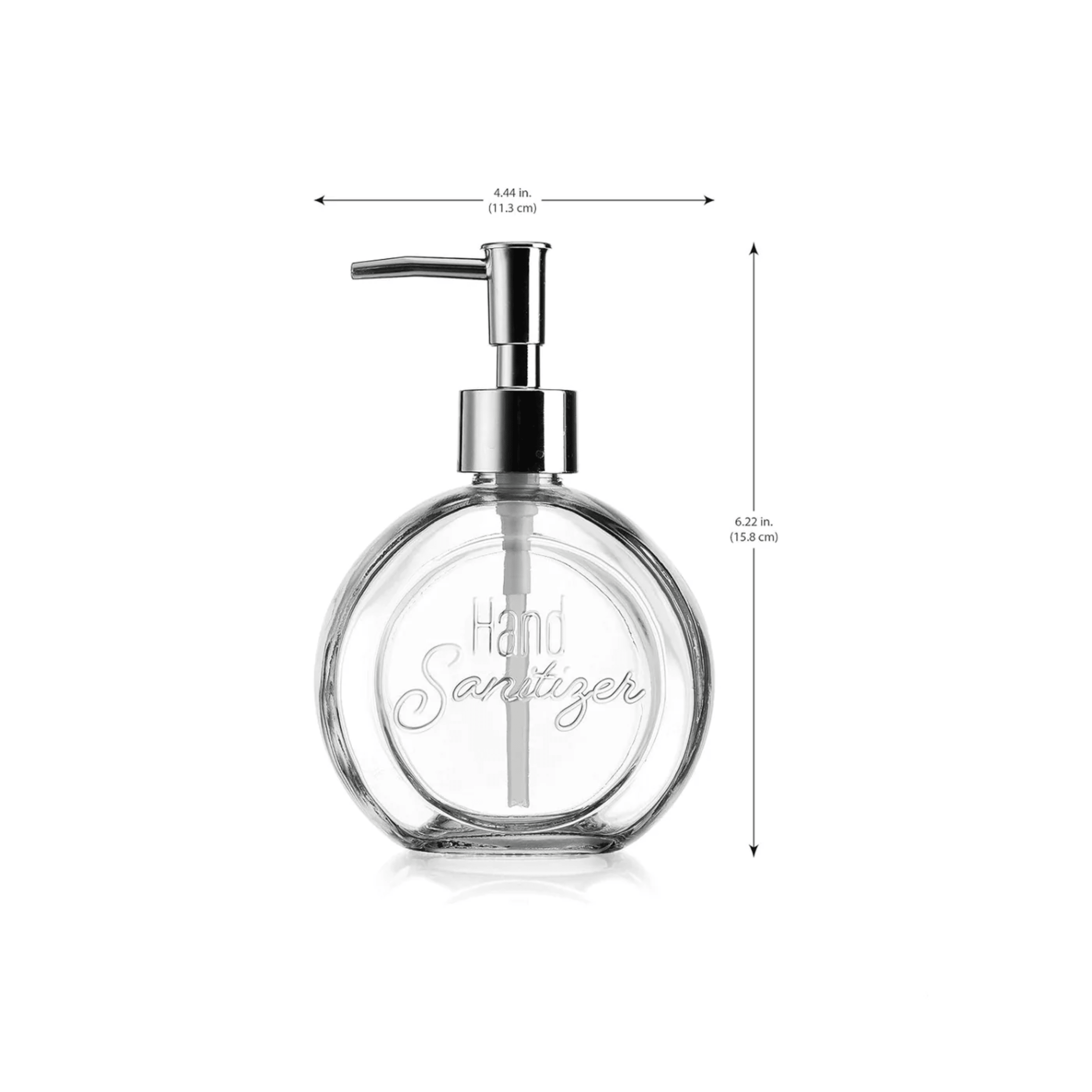 Clear hand sanitizer bottle with pump and measurements on a white background
