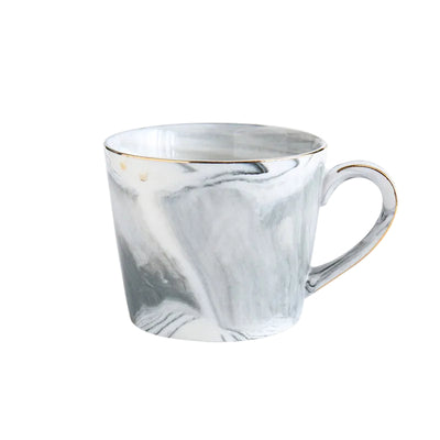 A white and gray marbled ceramic mug with a thin gold rim, shown with dimension lines indicating 10cm width, 8cm height, and a 360ml volume on a white background.