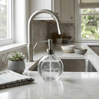 Hand sanitizer dispenser on a kitchen counter with a sink and window in the background