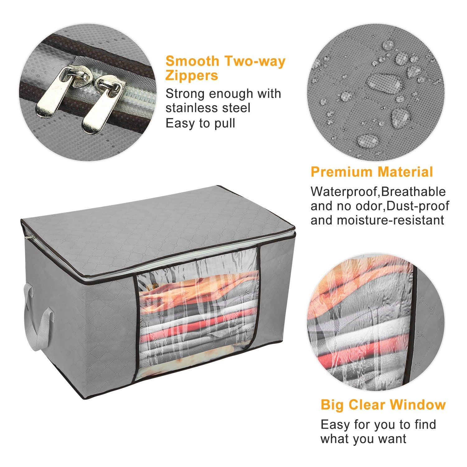 Gray storage bag with features highlighted on a white background