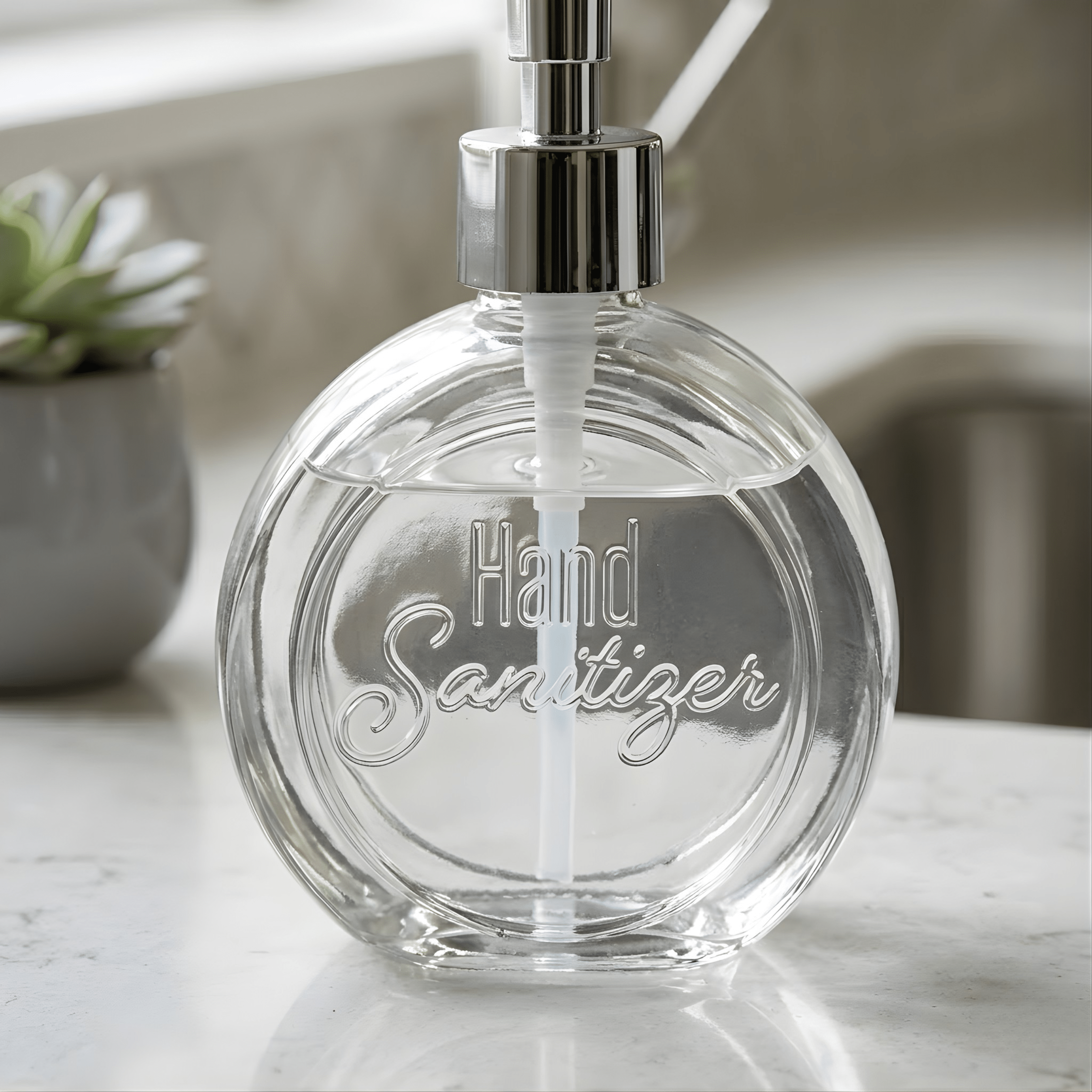 Clear hand sanitizer bottle with pump on a marble surface
