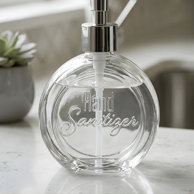 Clear hand sanitizer bottle with pump on a marble surface