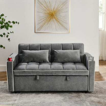 Gray sofa bed in a living room with a decorative painting on the wall.