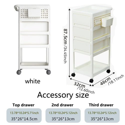 White rolling cart with drawers and dimensions on a white background