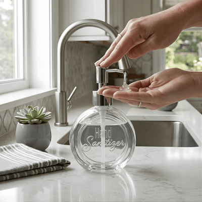Hand sanitizing station with hands dispensing sanitizer on a kitchen counter.