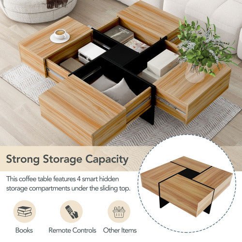 Wooden coffee table with sliding top displaying storage compartments in a living room setting.