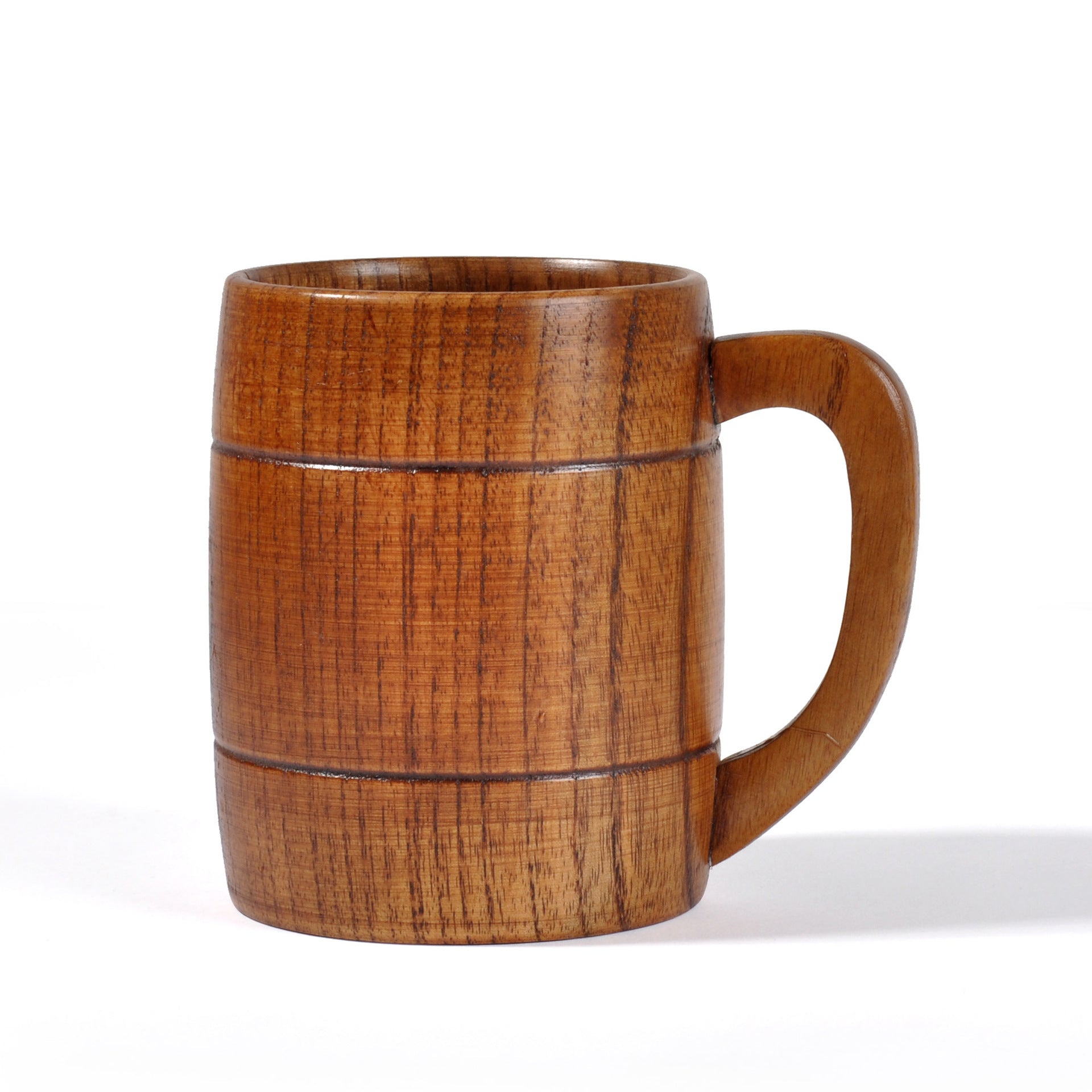 Wooden mug with handle on a white background