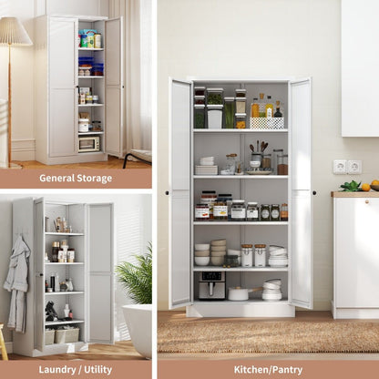 White storage cabinet shown in different settings: general storage, laundry/utility, and kitchen/pantry.