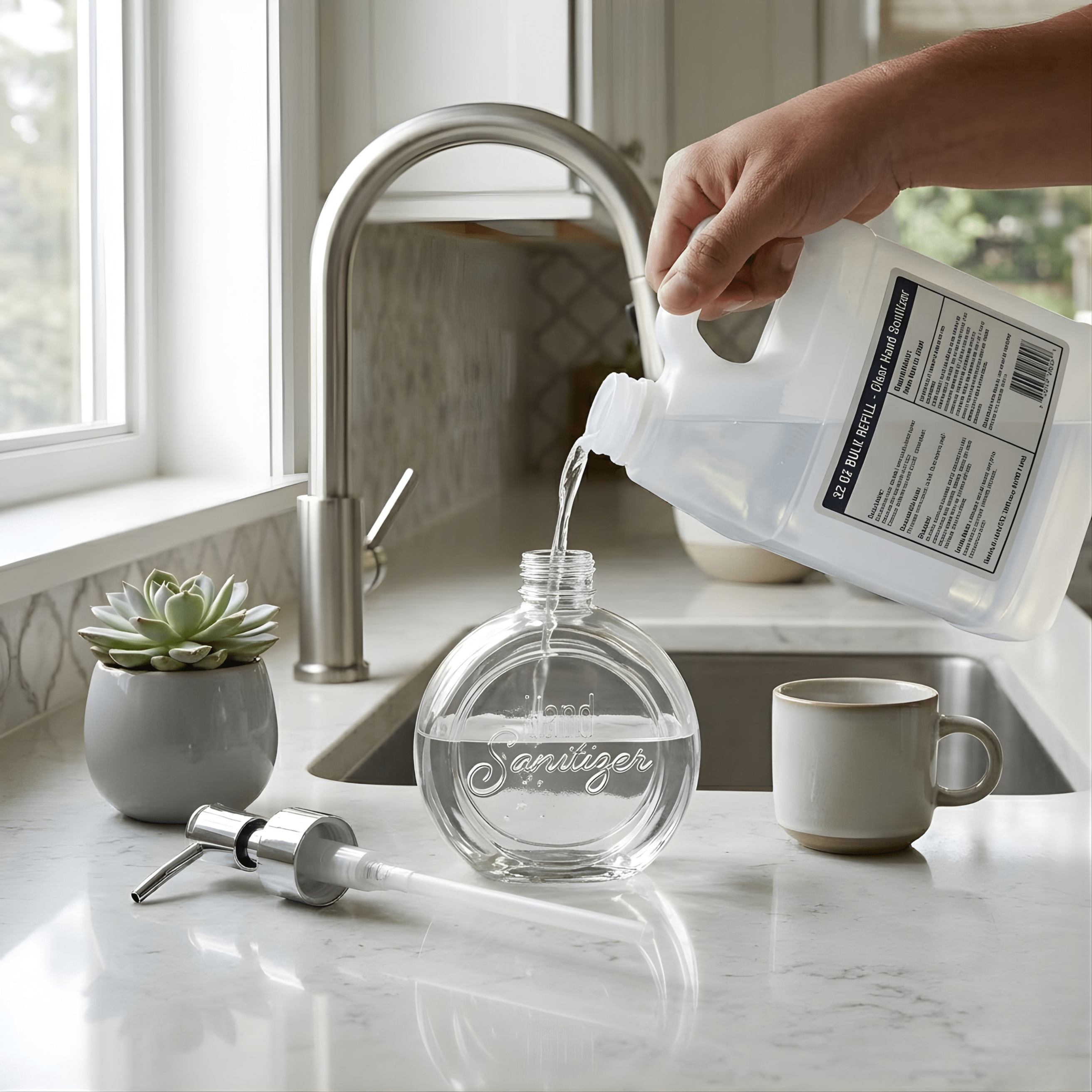 Person pouring liquid into a clear bottle labeled 'Sanitizer' on a kitchen counter.