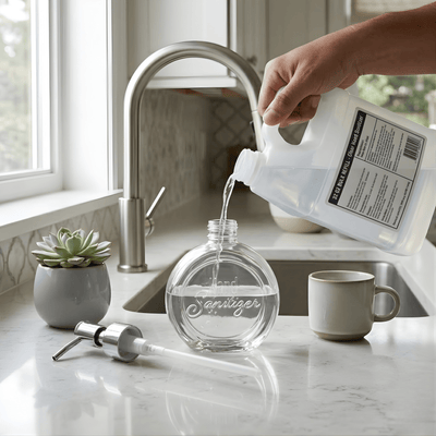Person pouring liquid into a clear bottle labeled 'Sanitizer' on a kitchen counter.