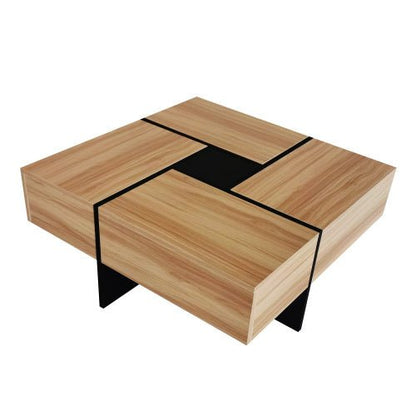 Wooden coffee table with black accents on a white background