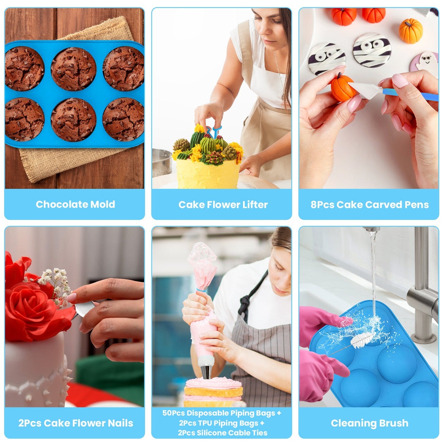 Set of cake decorating tools including a chocolate mold, cake flower lifter, carved pens, nails, piping bags, and a cleaning brush.