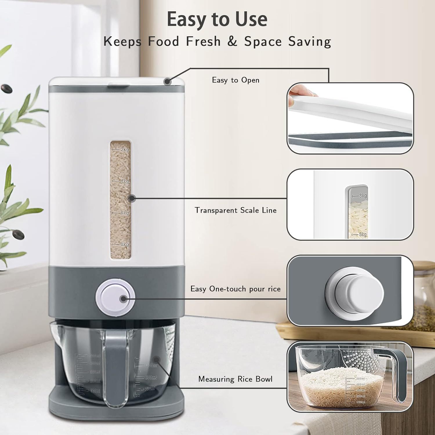 Rice Dispenser, 22-25 Lbs Rice Container With Measuring Cup