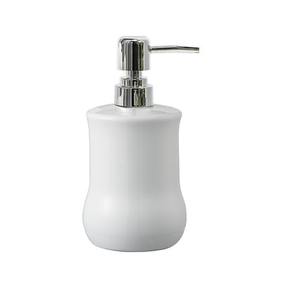 White soap dispenser with silver pump on a white background