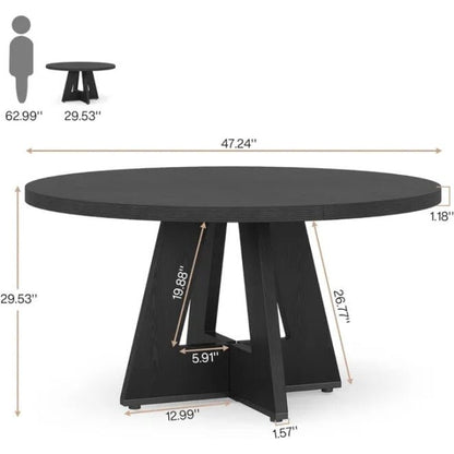 Black round table with dimensions indicated on a white background