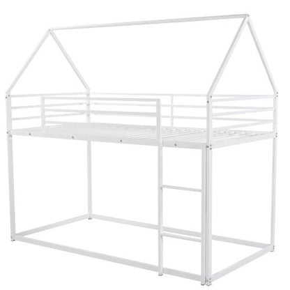 White children's bed with a house-shaped roof on a white background