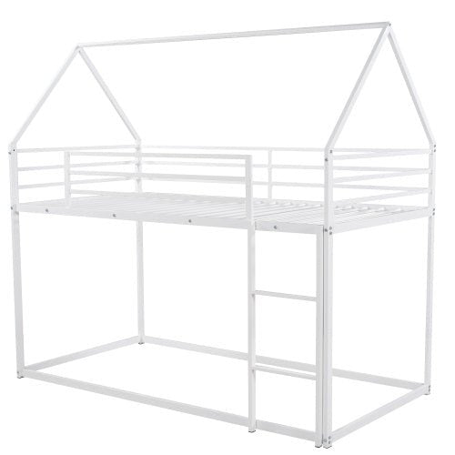 White children's bed with a house-shaped roof on a white background