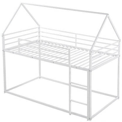 White metal children's bed with a house-shaped top on a white background