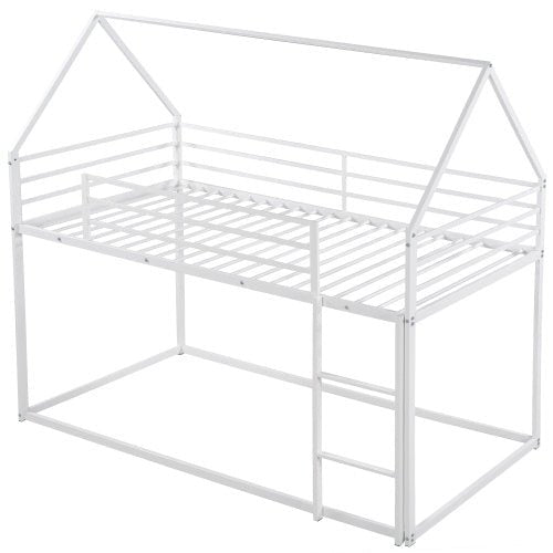 White metal children's bed with a house-shaped top on a white background