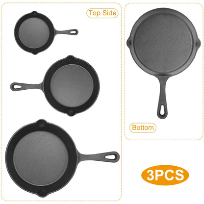 Set of three cast iron skillets showing top and bottom sides on a white background.