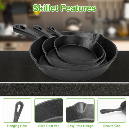 Set of three cast iron skillets on a kitchen counter with features highlighted.