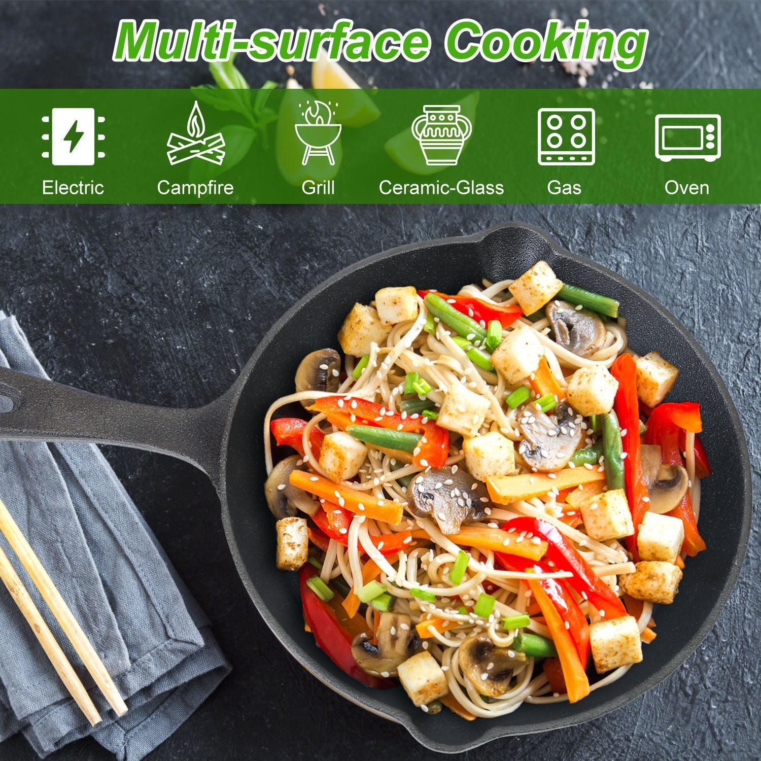 Fried noodles with vegetables in a skillet on a dark surface, with cooking methods listed above.