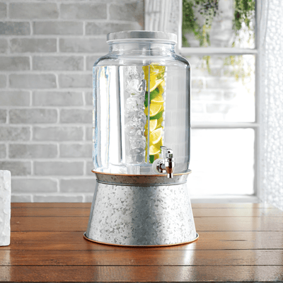 2-Gallon Glass Beverage Dispenser with Galvanized Base