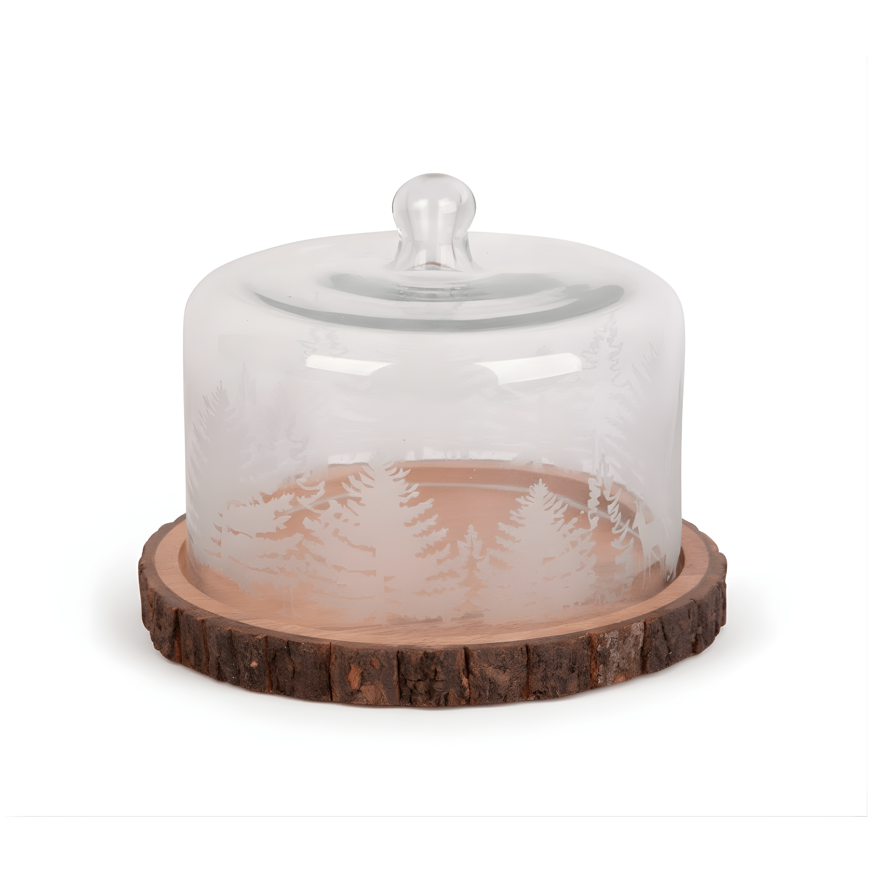 Decorative cake stand with glass dome and wooden base on a white background