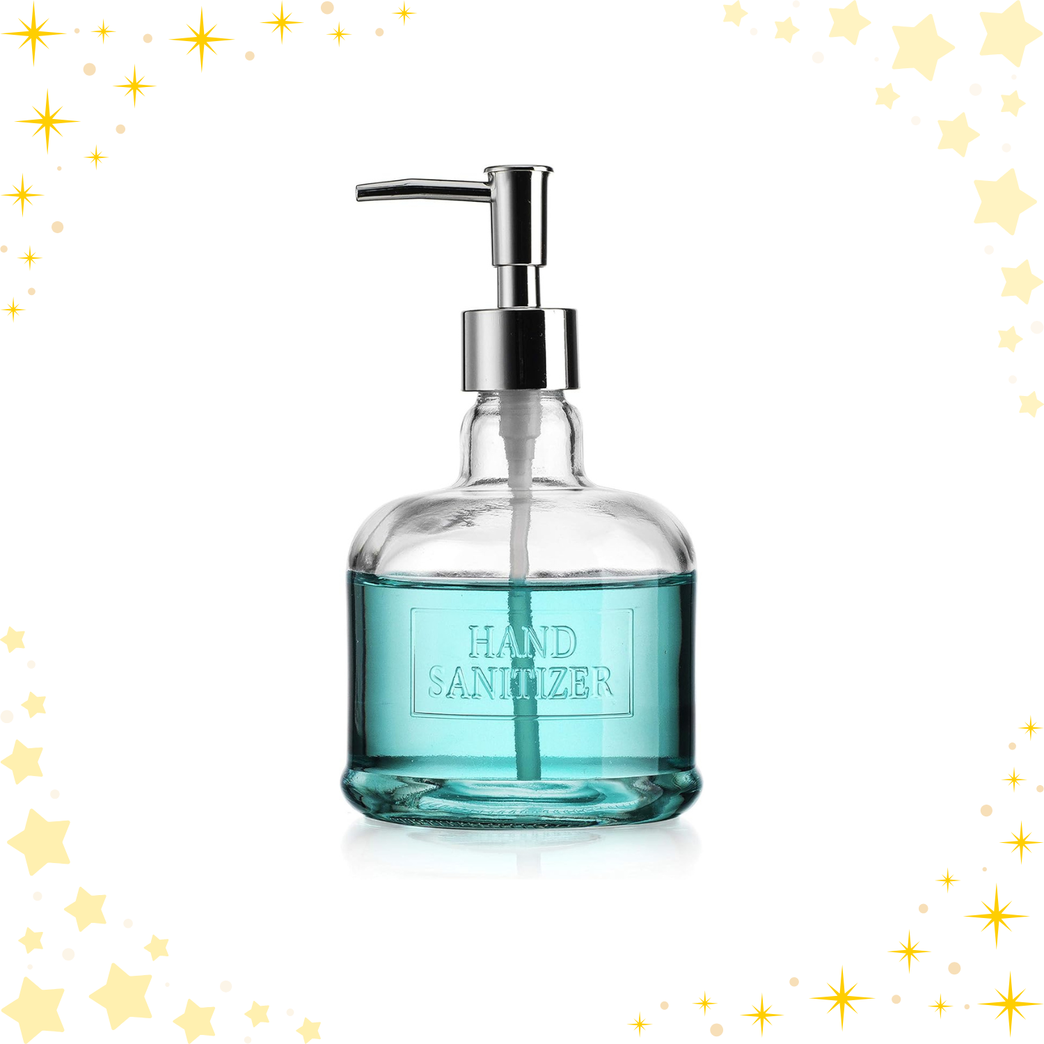 Clear embossed glass hand sanitizer dispenser with acrylic pump, elegant design.