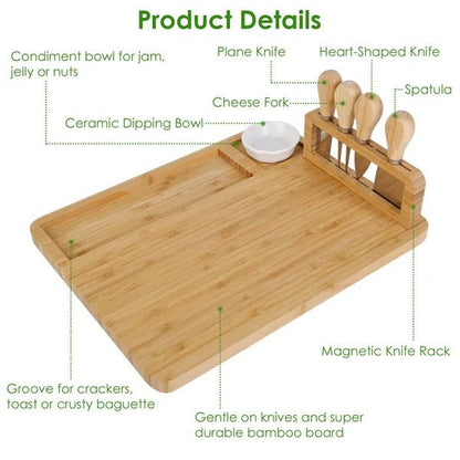 Wooden cutting board set with various utensils and features labeled