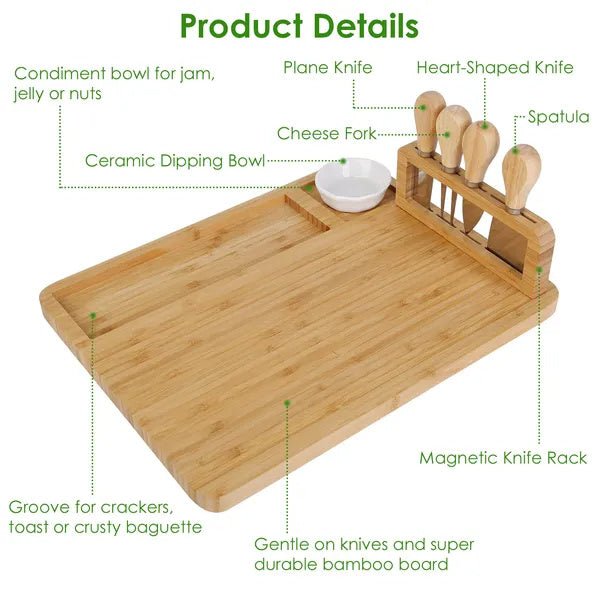 Wooden cutting board set with various utensils and features labeled