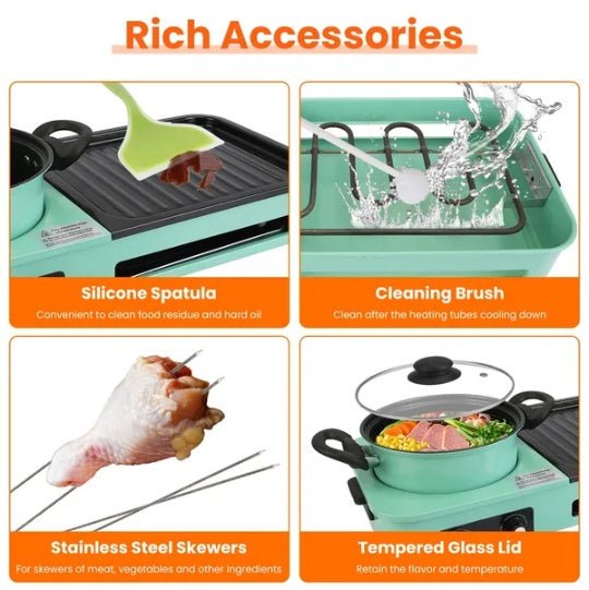 Product image with various accessories for a portable stove, including a silicone spatula, cleaning brush, stainless steel skewers, and tempered glass lid.