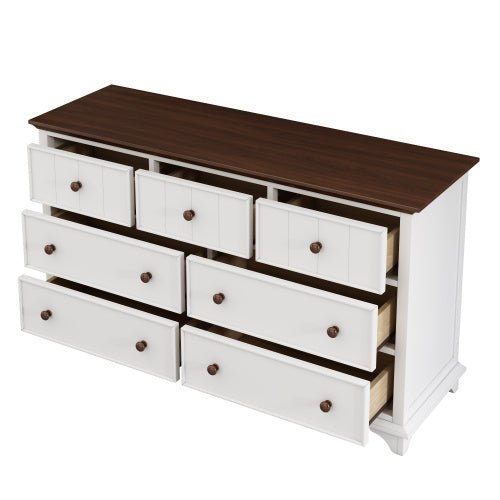 White dresser with dark brown top and drawers on a white background