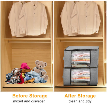 Comparison of a closet before and after using storage bags with clothes and a teddy bear.