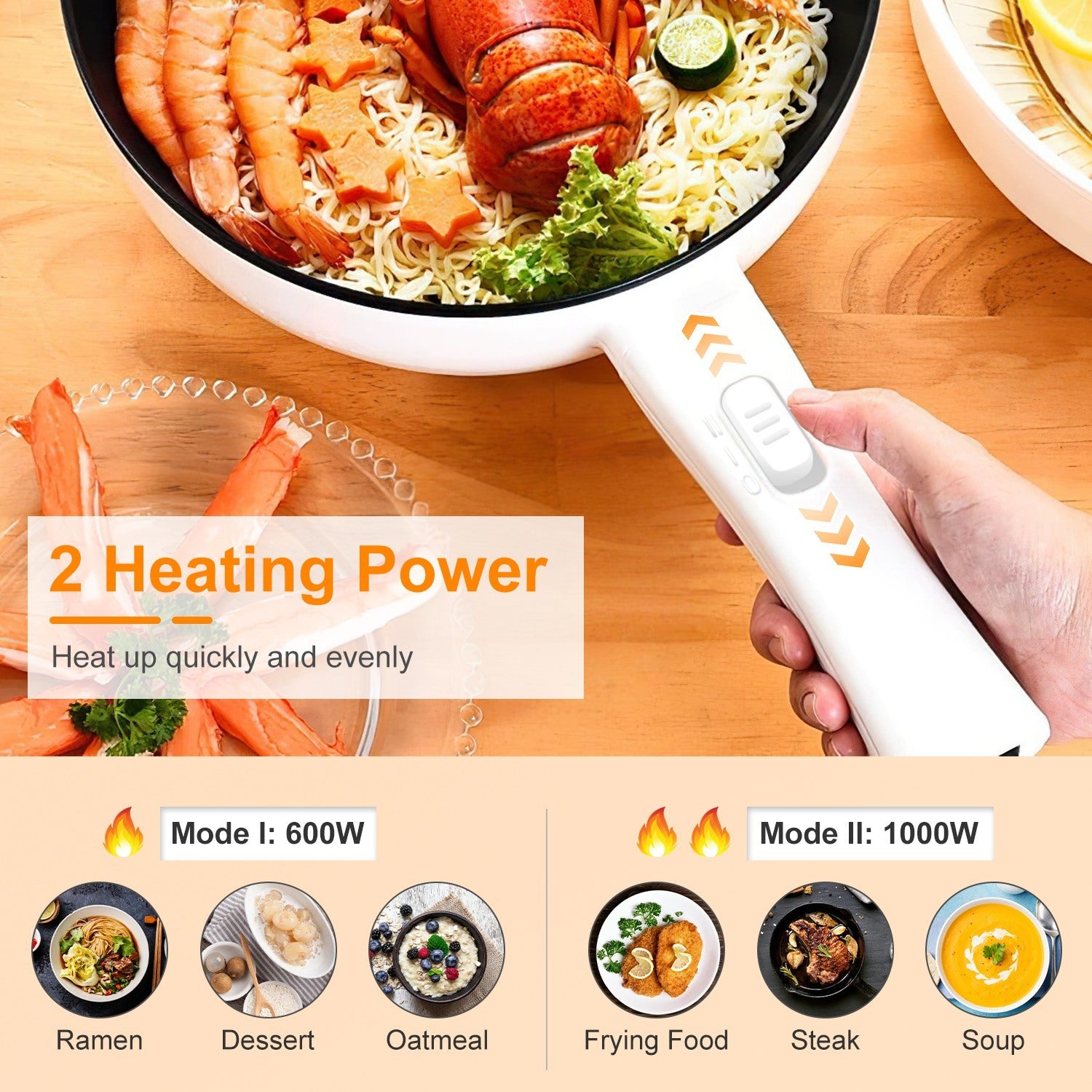 Hand holding a white electric frying pan with food on a wooden surface, highlighting heating power and modes.