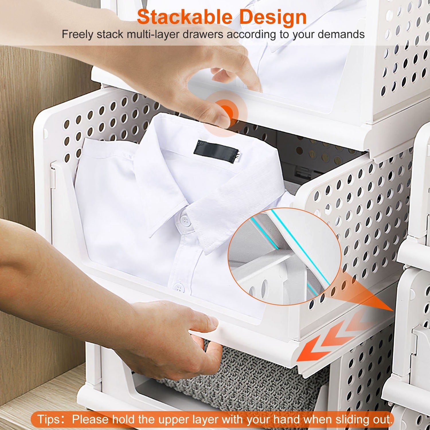 Stackable storage drawers with a person holding a white shirt, showing the stackable design feature.