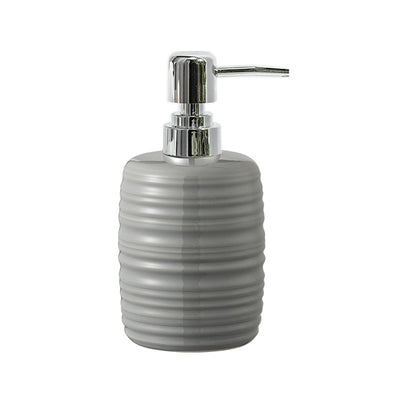 Gray ribbed soap dispenser with chrome pump on a white background