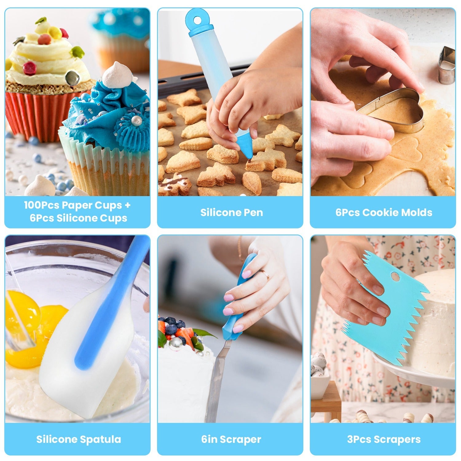 Collage of kitchen tools and baking items with text labels on a blue background.