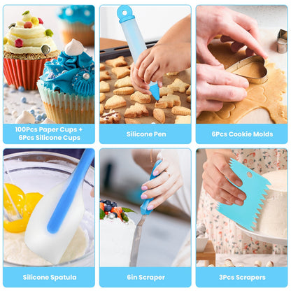 Collage of kitchen tools and baking items with text labels on a blue background.