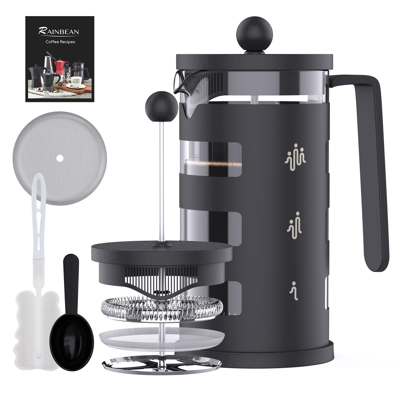 Rainbean French Press Coffee Maker with borosilicate glass, stainless steel filtration, and accessories for easy brewing.