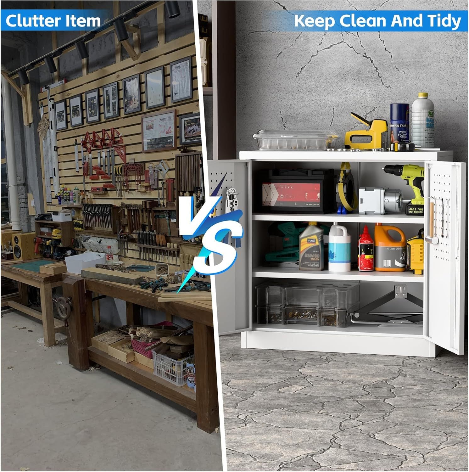 Comparison of a cluttered workshop versus a organized tool cabinet with tools and supplies.