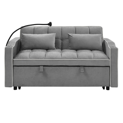 Gray sofa bed with two cushions on a white background