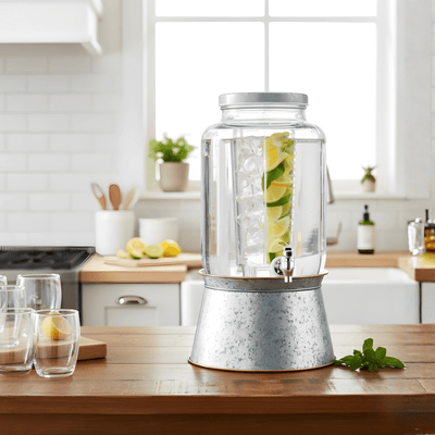 2-Gallon Glass Beverage Dispenser with Galvanized Base