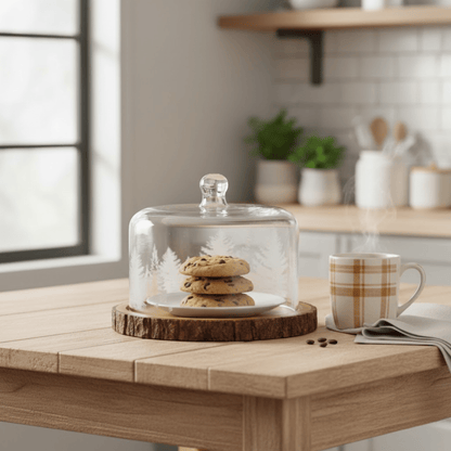 Glass cake stand with cookies on a wooden table in a kitchen setting