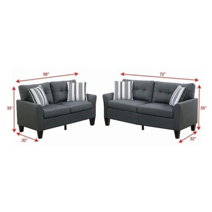 Gray sofa set with dimensions labeled on a white background