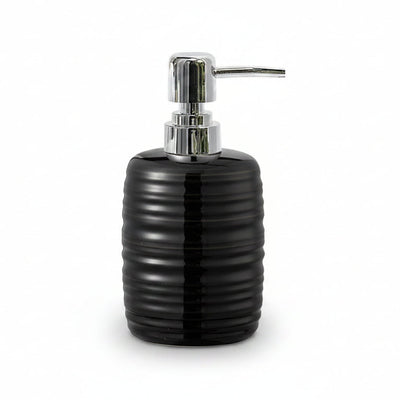 A glossy black ribbed cylindrical dispenser bottle with a polished silver chrome pump, shown against a solid white background.